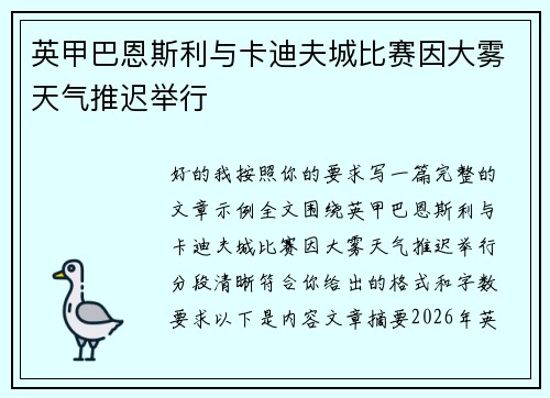 英甲巴恩斯利与卡迪夫城比赛因大雾天气推迟举行 英甲巴恩斯利与卡迪夫城比赛因大雾天气推迟举行